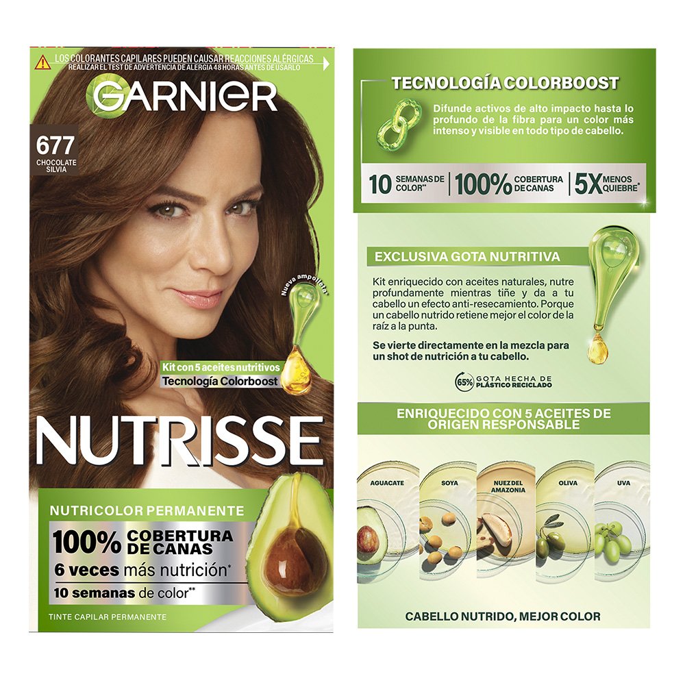 GARNIER NUTRISSE, NUTRISSE, NUTRISSE REGULAR, COLORACIÓN DE CABELLO, TINTE DE CABELLO, COLOR INTENSO, COLORACIÓN, FÓRMULA VEGANA, CRUELTY FREE, TONO 677, CHOCCOLATE SILVIA